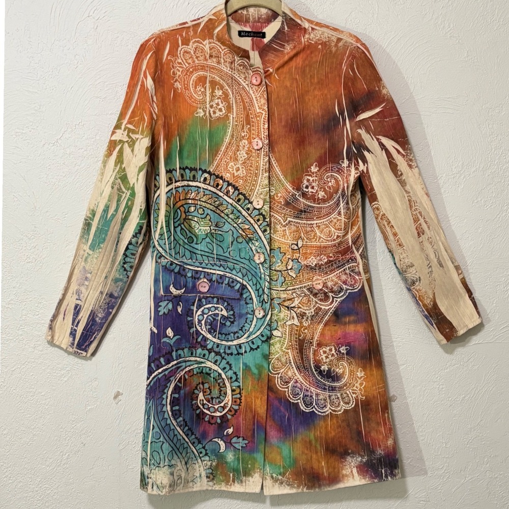 Mechant Jacket Sz Medium Multicolor Tie Dye Paisley Button Down Longline 70's